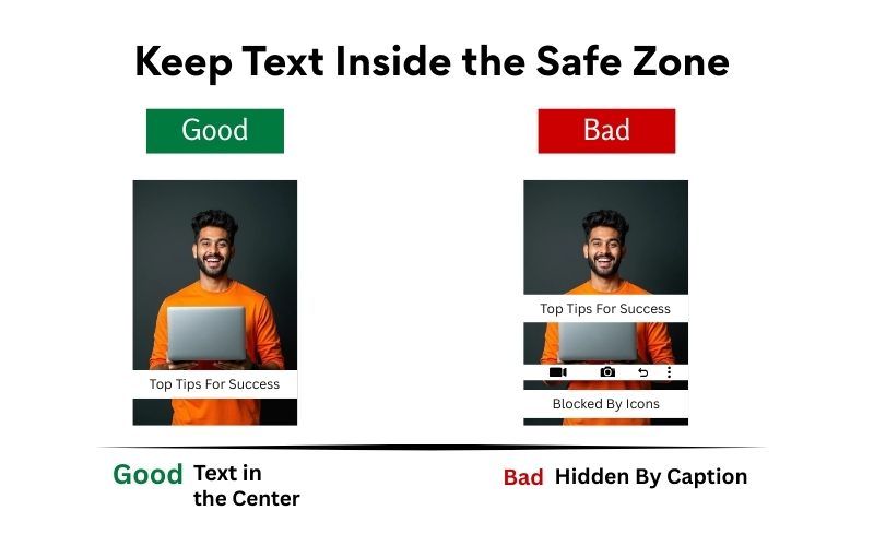 Graphic showing the importance of keeping text inside the safe zone for Instagram Reels. The left side labeled “Good” shows text placed in the center and fully visible. The right side labeled “Bad” shows text covered by captions and interface icons.