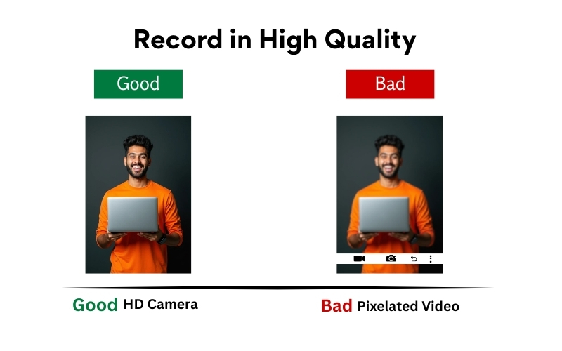 Graphic comparing video quality for Instagram Reels. The left side labeled “Good” shows a clear, sharp HD video. The right side labeled “Bad” shows a blurred, pixelated video, highlighting the importance of recording in high quality.