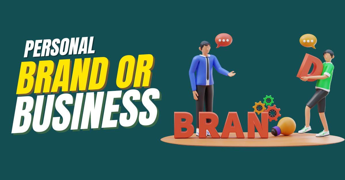 Personal vs Business Brand comparison graphic showing a man representing personal branding (authenticity, influence, flexibility) and a stylized company employee representing business branding (scalability, stability, asset value).