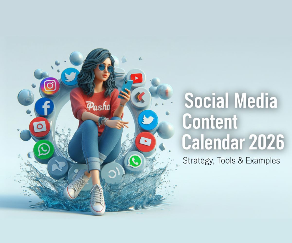 A 3D stylized woman sitting among floating social media icons and water splashes, illustrating a Social Media Content Calendar 2026 strategy.