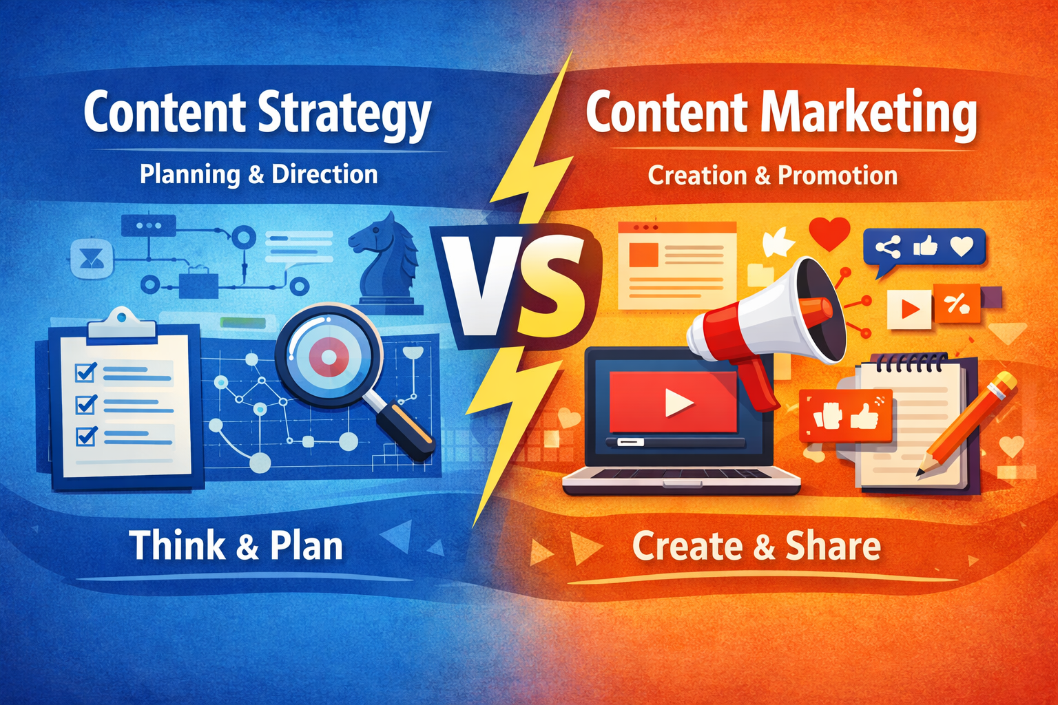 Content marketing vs strategy comparison showing planning, execution, and content creation elements