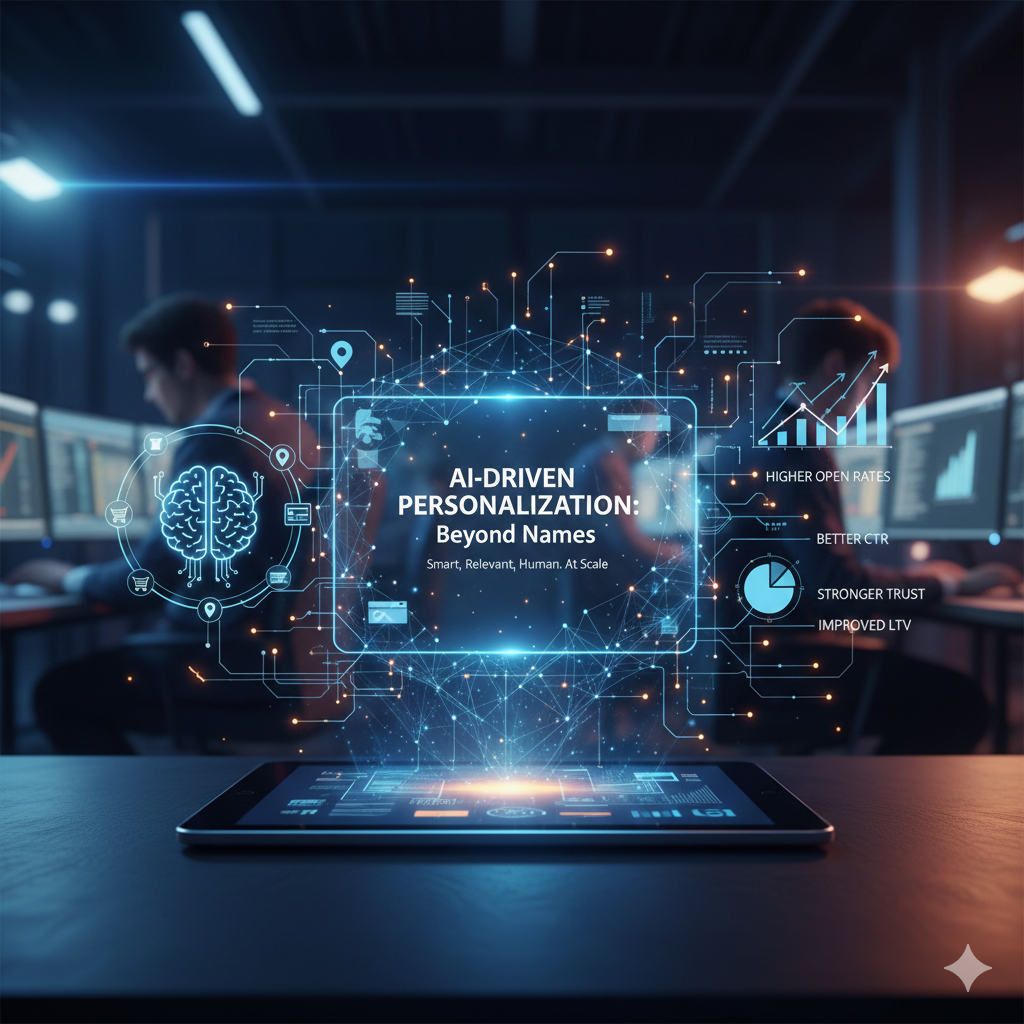 A futuristic digital dashboard showing AI processing customer data for email personalization, featuring icons for brain activity, shopping carts, and growth charts in a modern office setting.