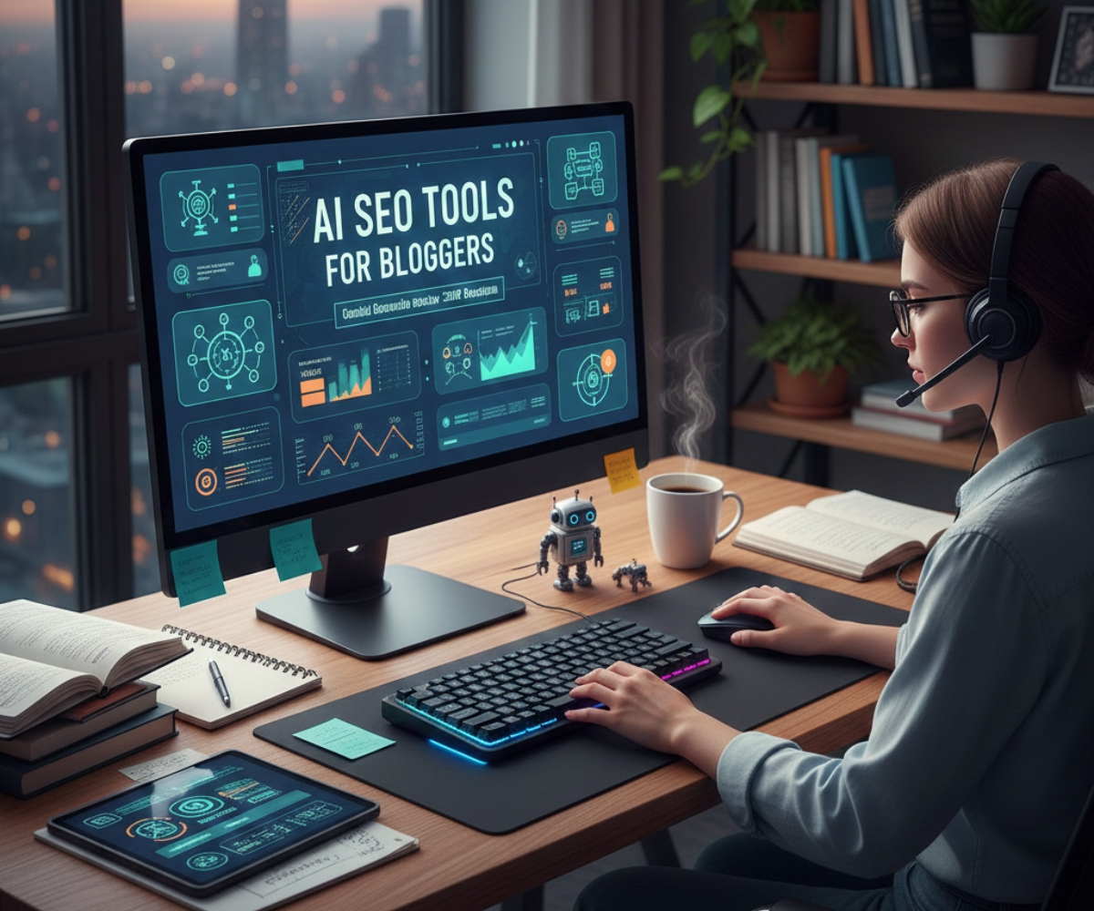 Blogger using AI SEO tools on a desktop computer to analyze data, optimize content, and improve blog rankings in a modern workspace.