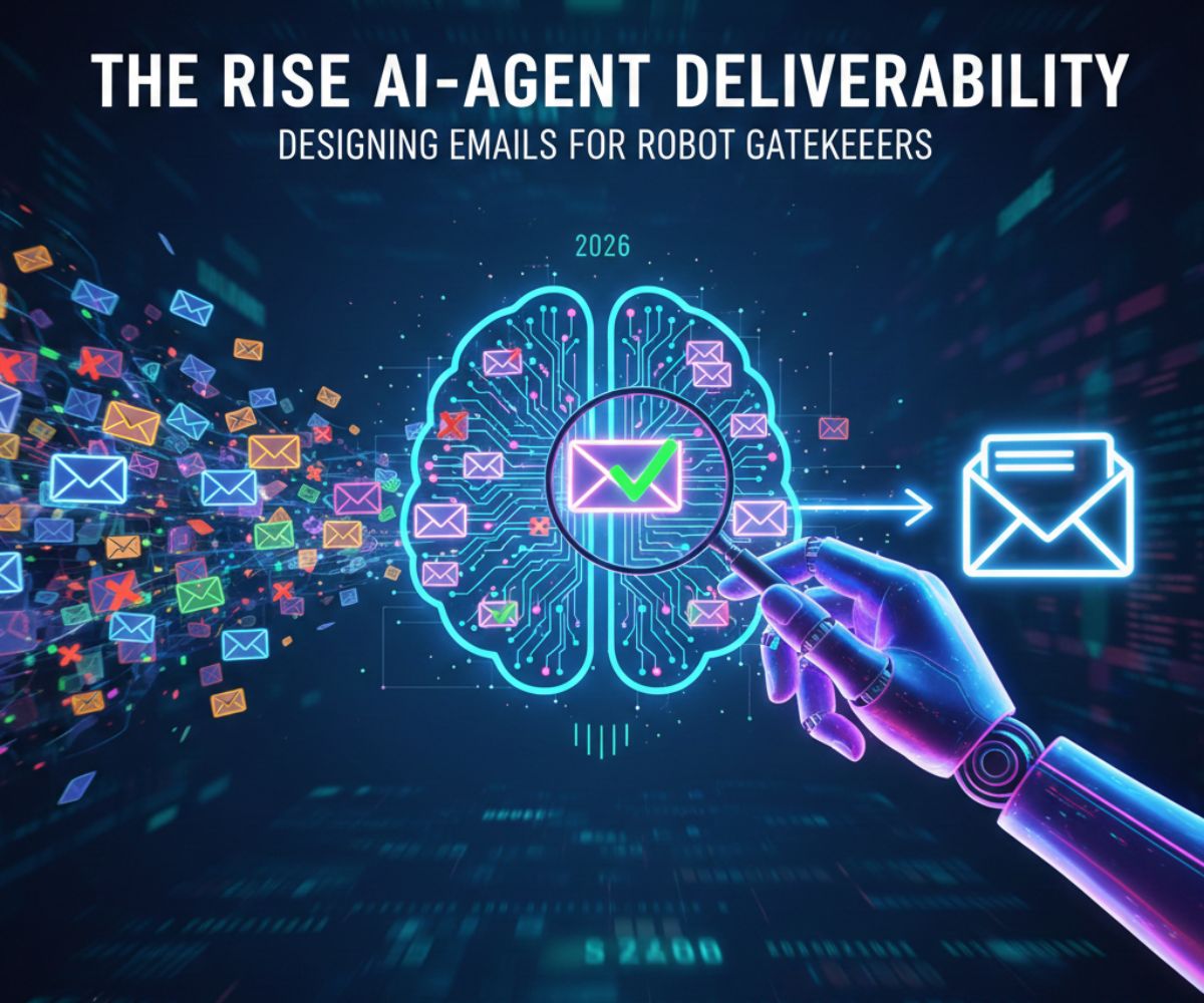 A futuristic digital illustration showing a glowing blue AI brain scanning a stream of incoming emails with a magnifying glass. A robotic hand points to a verified email, representing AI-agent deliverability and inbox gatekeepers in 2026.