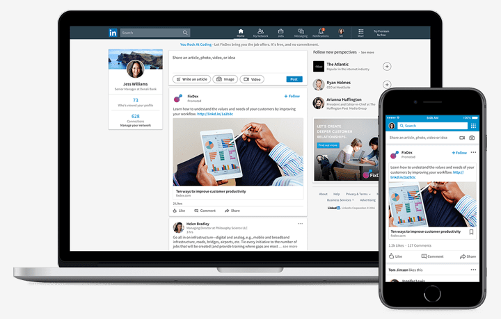 A comparison view of LinkedIn Sponsored Content appearing in the newsfeed on both a laptop and a mobile device.