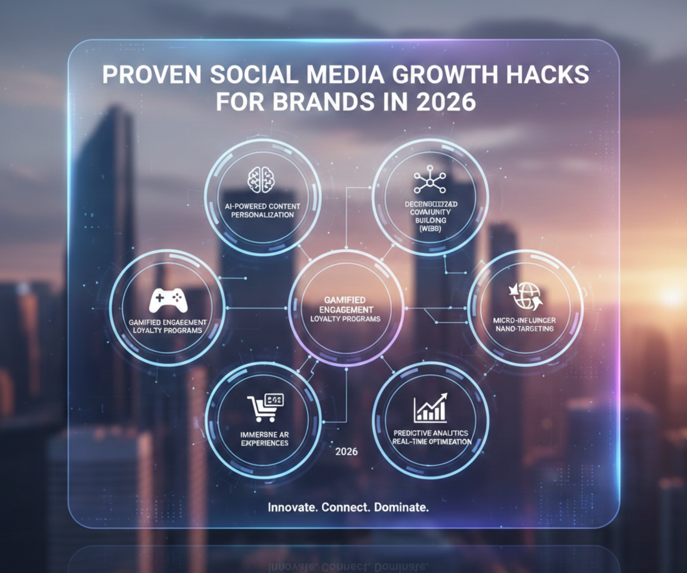 Futuristic infographic titled “Proven Social Media Growth Hacks for Brands in 2026” showing interconnected circular icons representing strategies like AI-powered personalization, decentralized community building, gamified loyalty programs, immersive AR experiences, micro-influencer targeting, and predictive analytics over a blurred city skyline background.