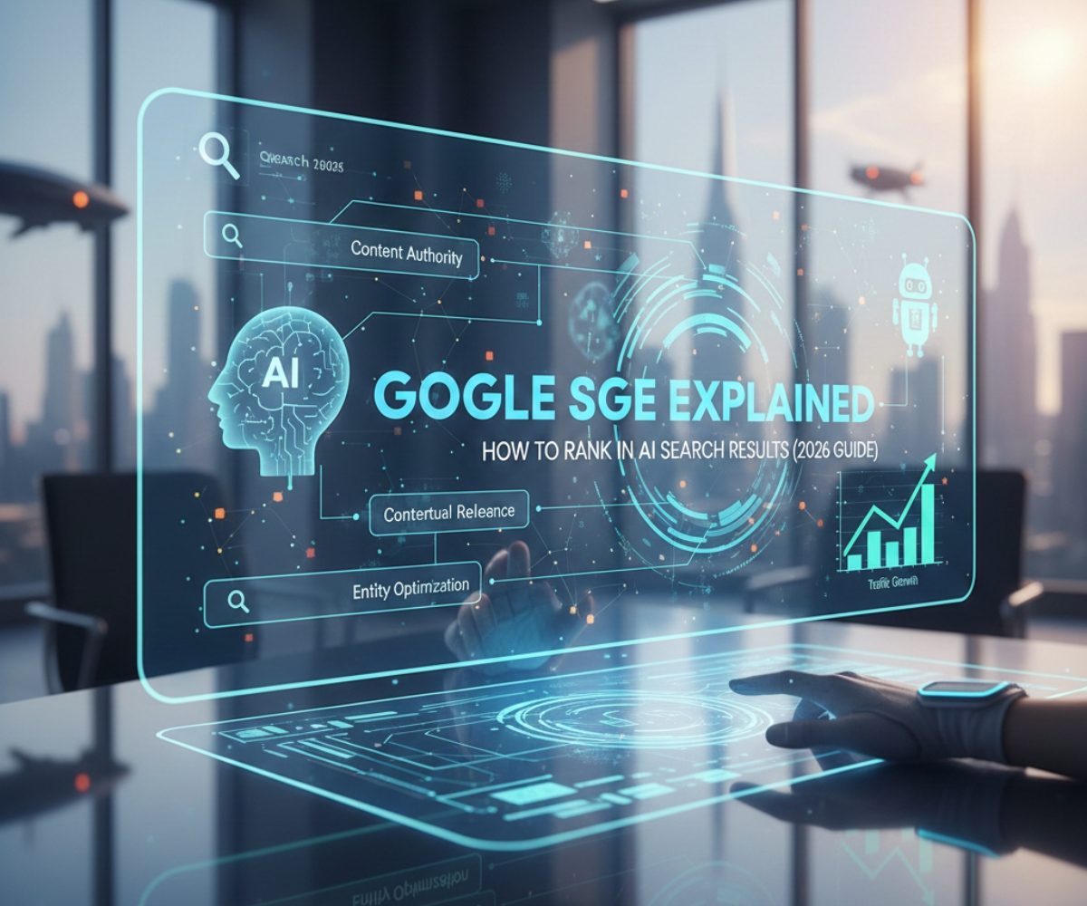 Futuristic interface showing Google SGE explained with AI search ranking, content authority, and SEO growth visualization.