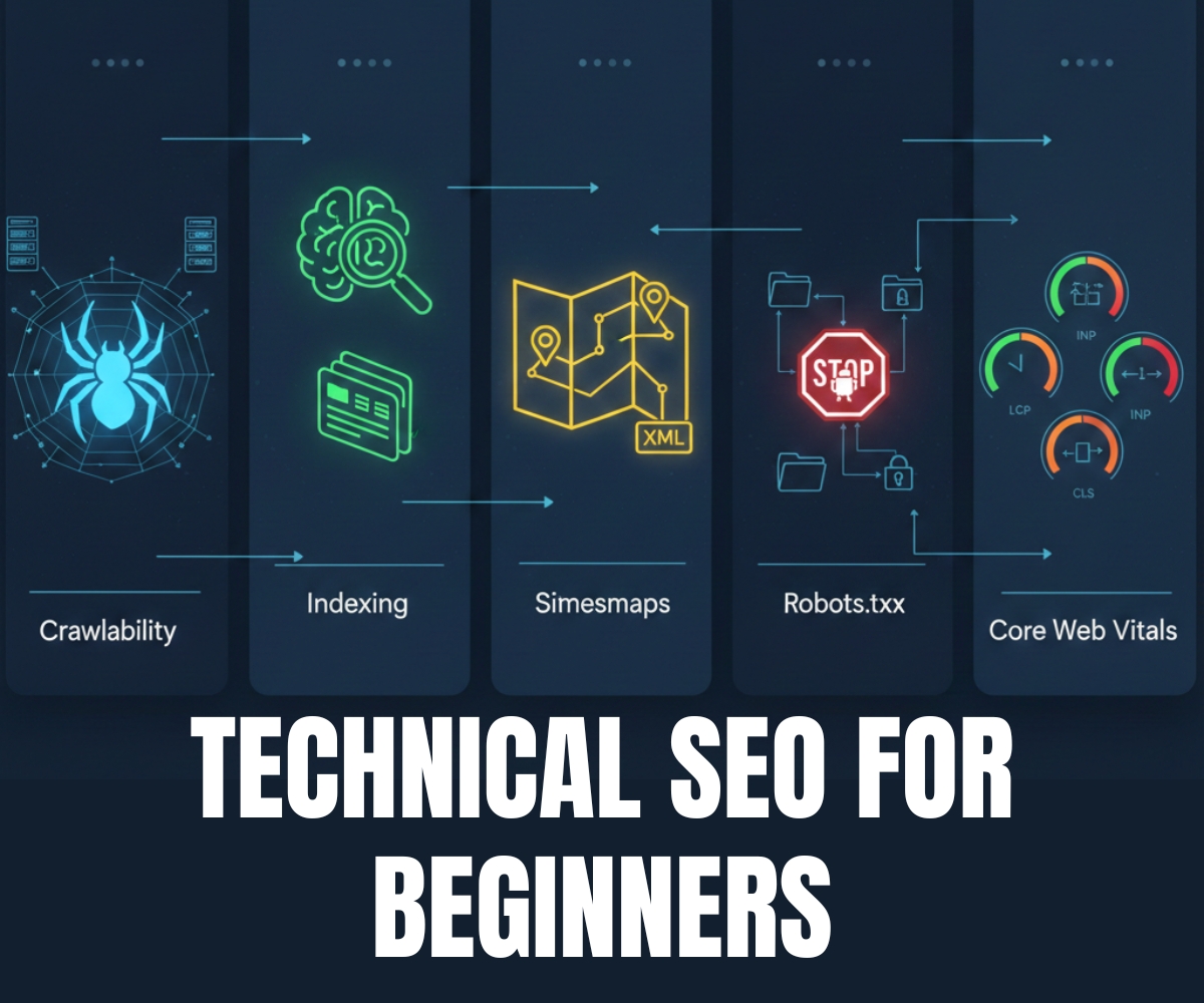 An infographic-style banner for Technical SEO Basics showing five panels: Crawlability (spider web), Indexing (magnifying glass), Sitemaps (map icon), Robots.txt (stop sign), and Core Web Vitals (speed gauges).