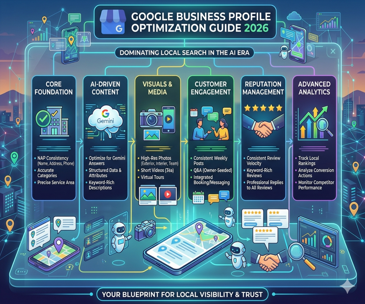 Google Business Profile Optimization Guide 2026 infographic showing local SEO strategies, AI content, visuals, reviews, and analytics