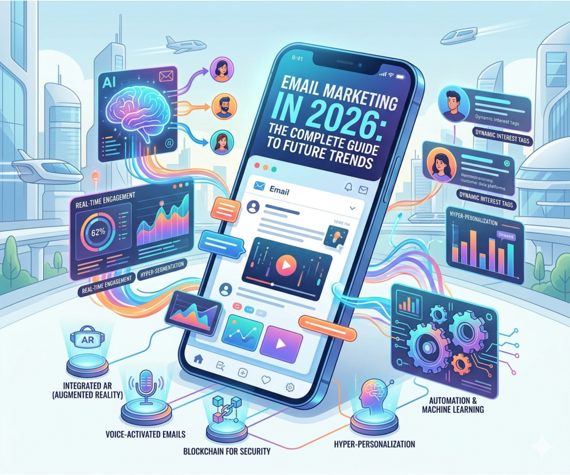 Illustration of email marketing in 2026 featuring AI, automation, hyper-personalization, real-time analytics, and futuristic digital communication technologies on a mobile interface.