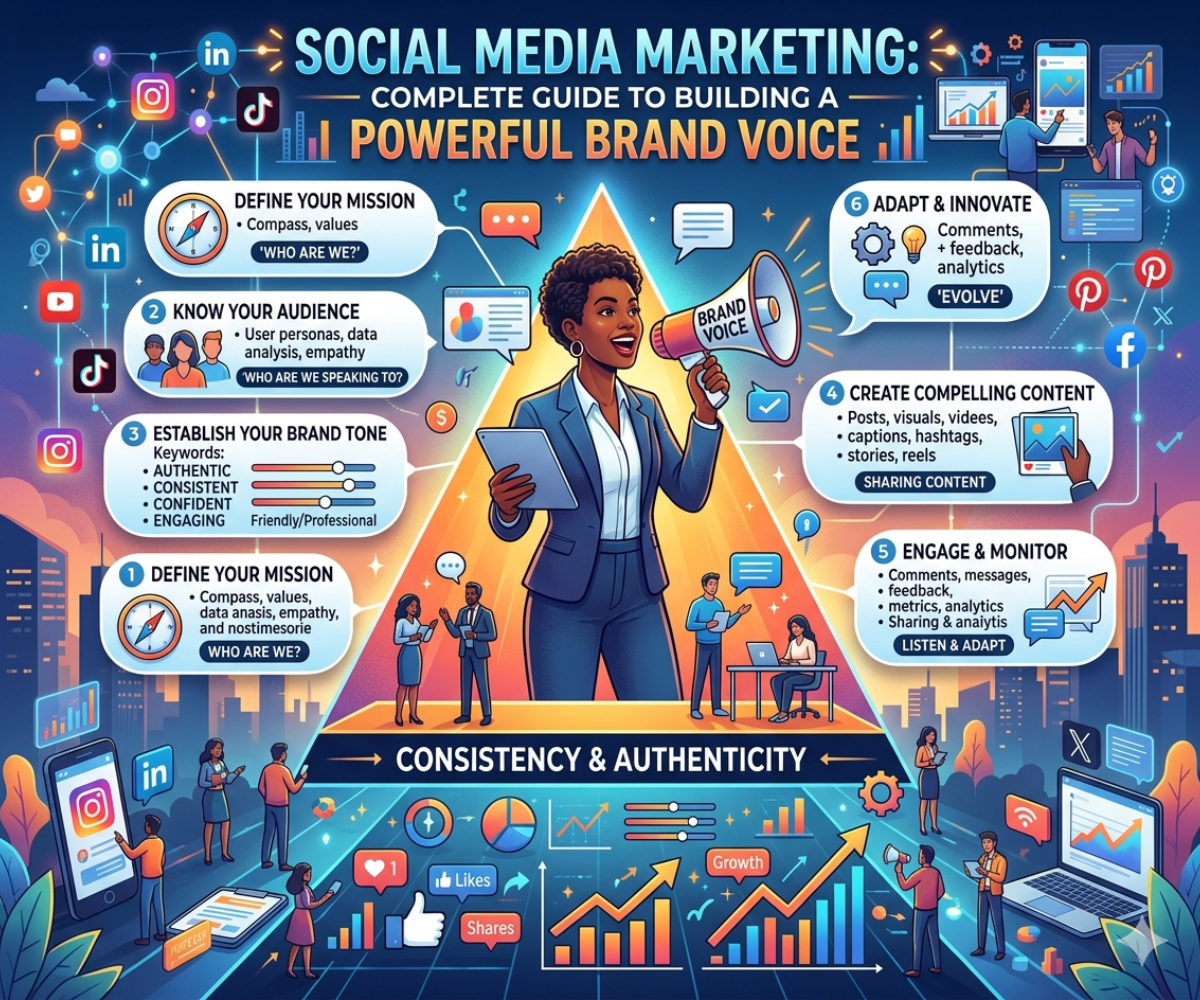 Illustration showing social media marketing strategy for building a powerful brand voice with steps like audience analysis, content creation, engagement, and consistency.