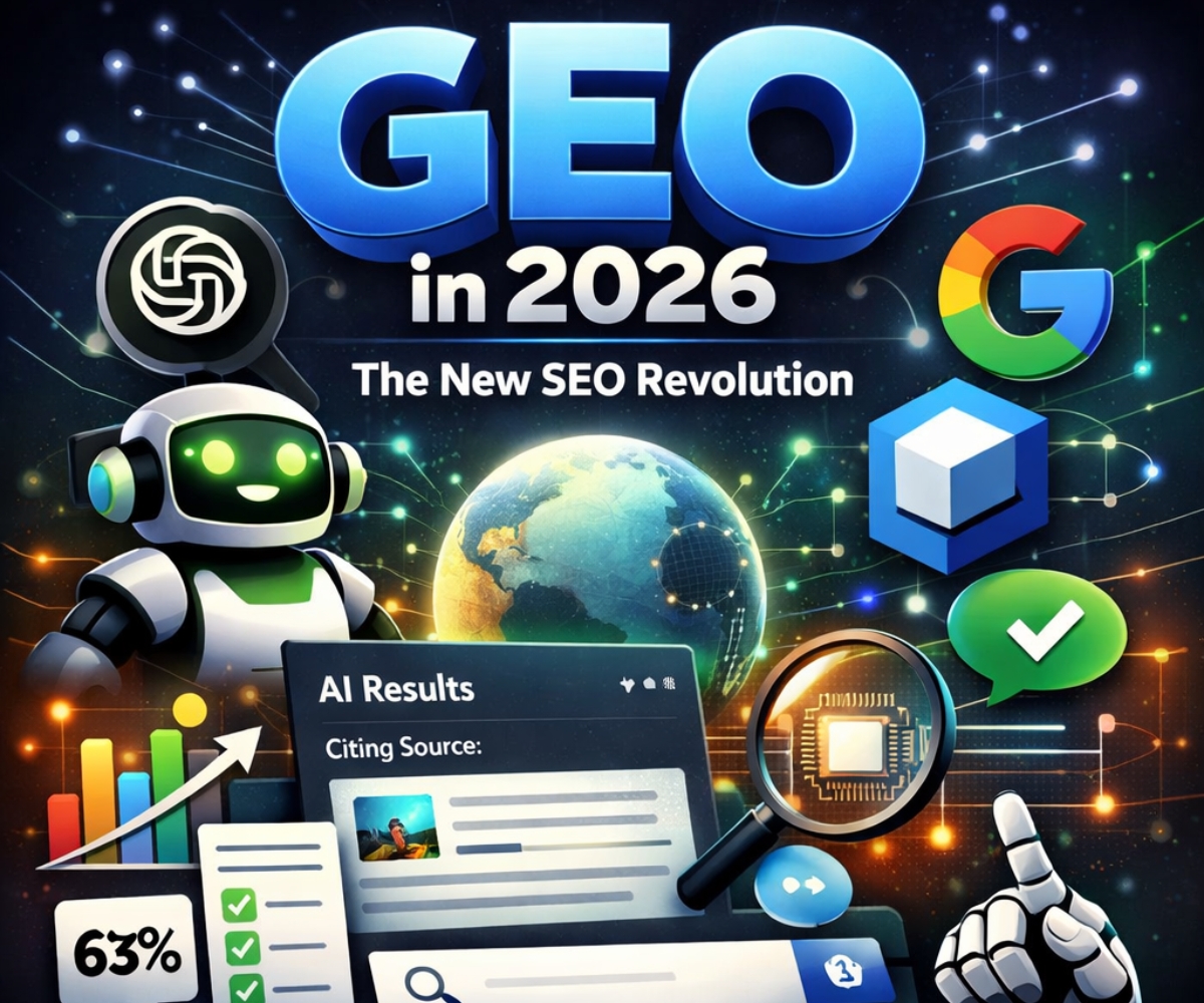 Illustration showing GEO in 2026 with AI search platforms like ChatGPT, Google, and AI-generated search results representing Generative Engine Optimization.