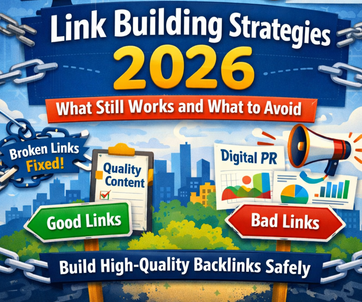 SEO infographic banner about link building strategies 2026 highlighting digital PR, broken link building, and quality backlinks.