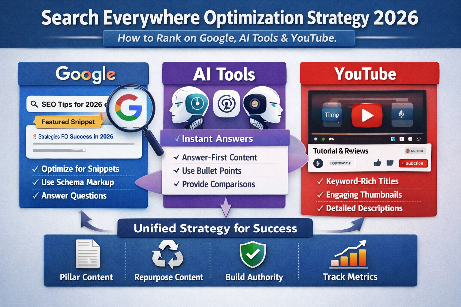 Search Everywhere Optimization 2026 strategy showing Google, AI tools, and YouTube ranking process
