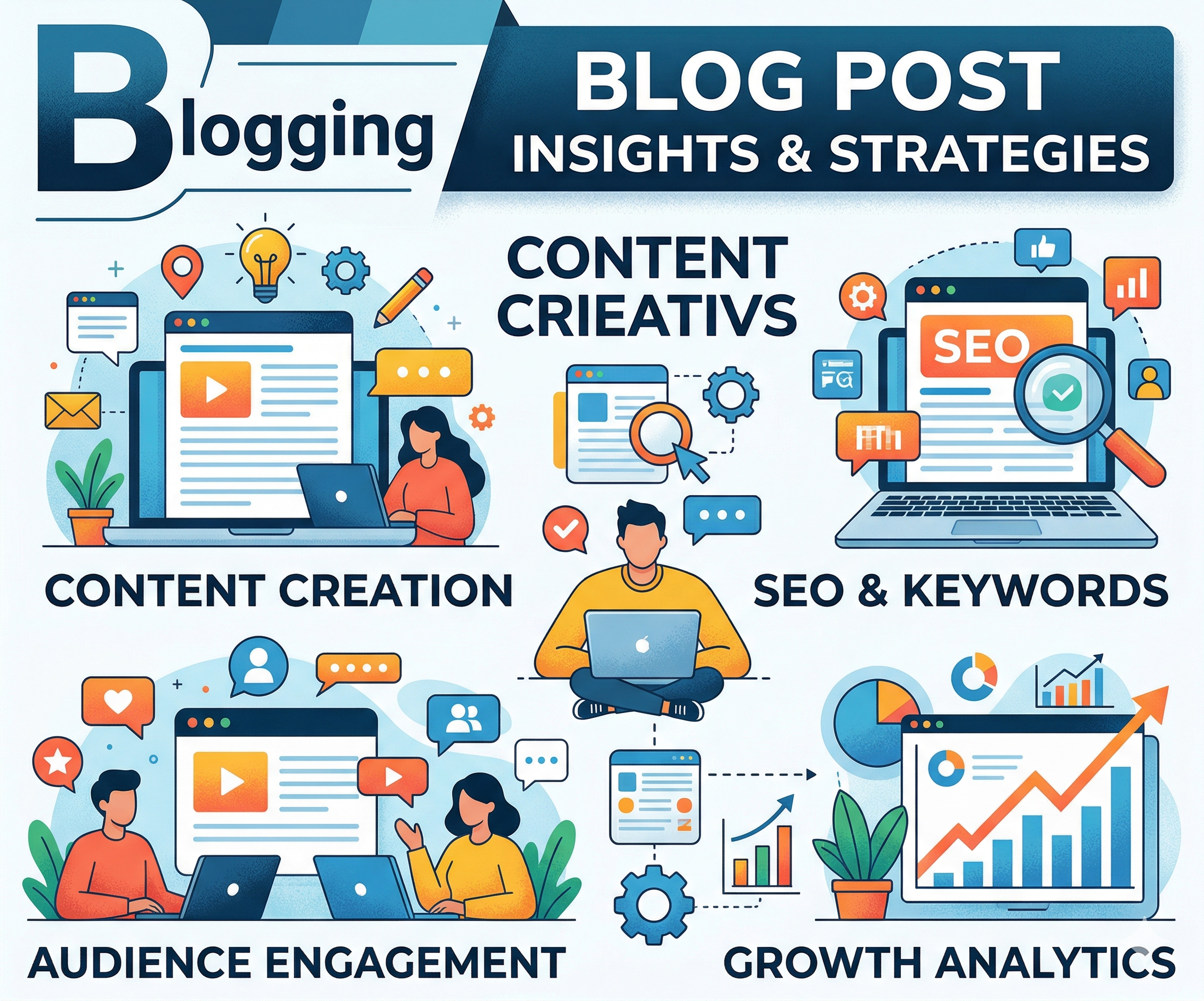 An infographic-style banner illustrating Shoppable Video Ads strategies, including content creation, SEO, audience engagement, and growth analytics.