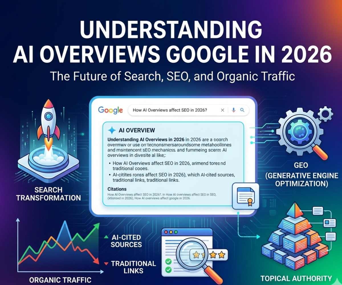 An infographic-style banner showing a Google AI Overview summary box, a graph comparing AI-cited traffic vs. traditional links, and icons for GEO and Topical Authority.