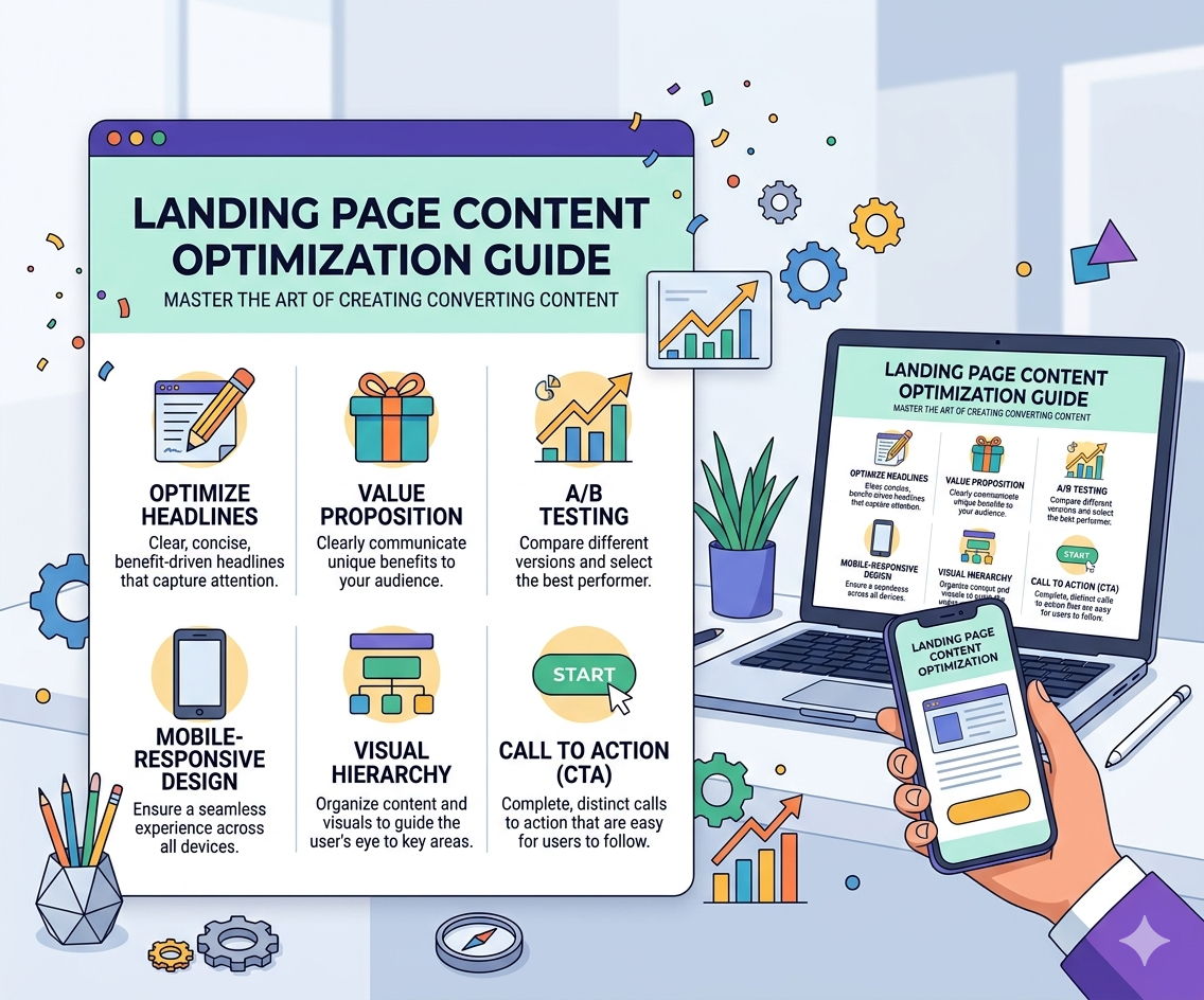 Digital Marketing Course In Bangalore illustration showing landing page optimization strategies like headlines, A/B testing, and CTA design