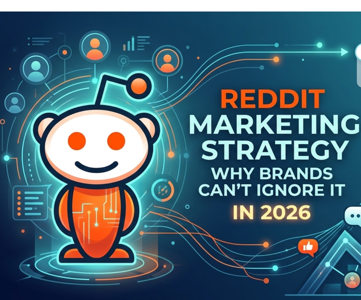 A futuristic digital marketing banner featuring a stylized Reddit Snoo mascot integrated into a high-tech data visualization network. The central text reads "REDDIT MARKETING STRATEGY: WHY BRANDS CAN’T IGNORE IT IN 2026." The design includes icons for ChatGPT and Google AI, a search bar displaying product research queries, and a rising growth chart with orange "like" icons, symbolizing the platform's influence on AI-powered search and purchase intent.