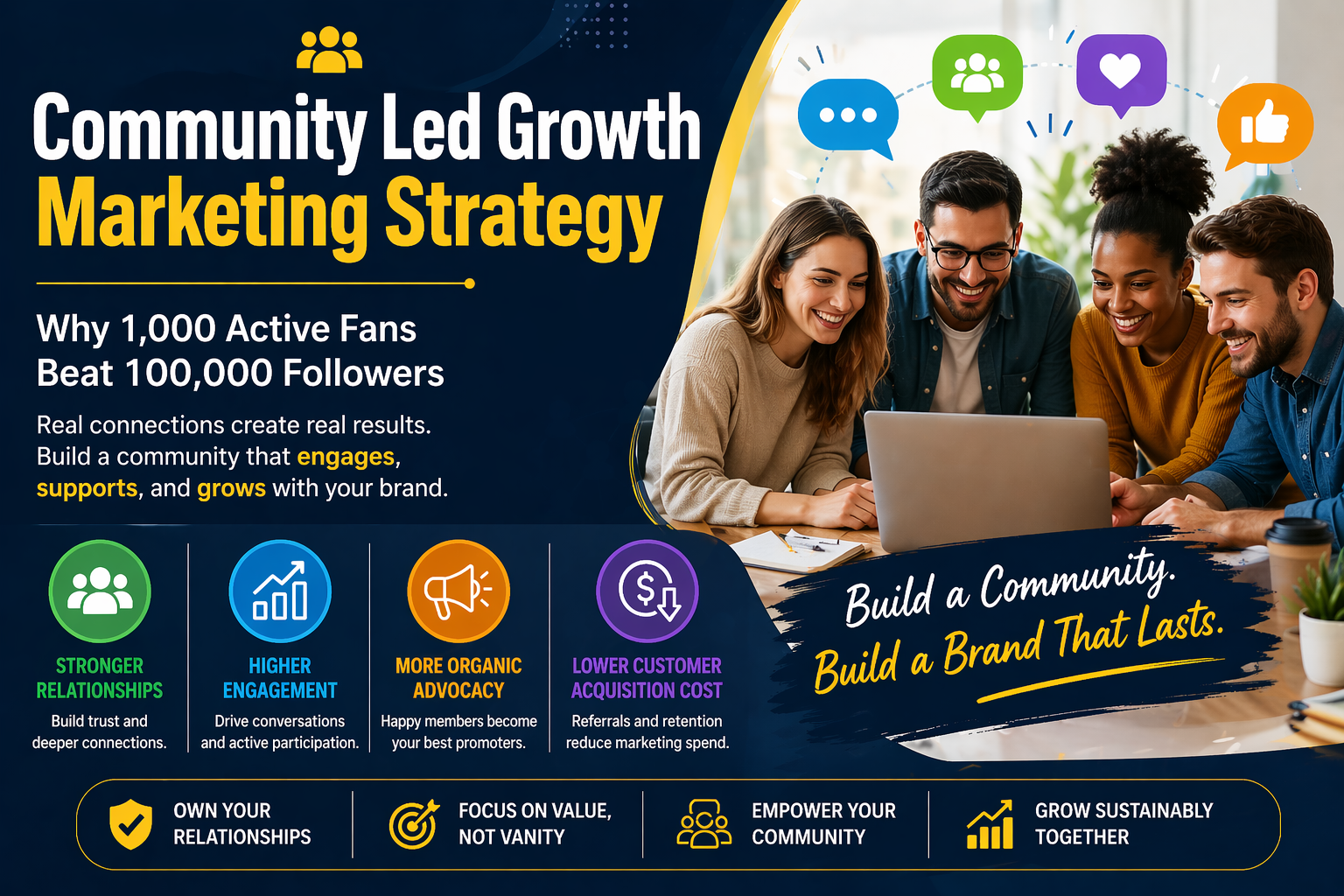 Community Led Growth strategy showing how 1000 active fans drive more engagement than 100000 followers