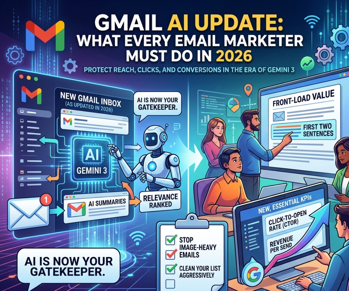 A 2026 marketing banner for the Gmail AI Update showing a futuristic Gemini 3 interface filtering emails, with a team of marketers adjusting strategies for AI summaries, front-loading value, and tracking new KPIs like CTOR.