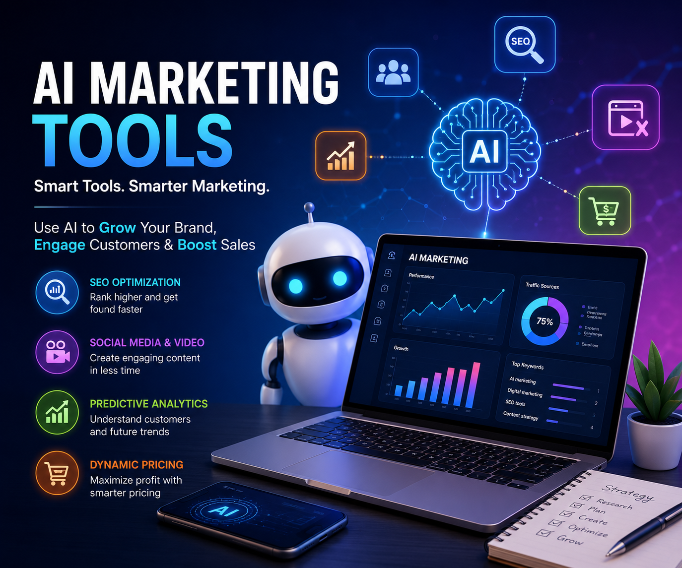AI Marketing Tools dashboard banner with futuristic digital marketing analytics and automation interface