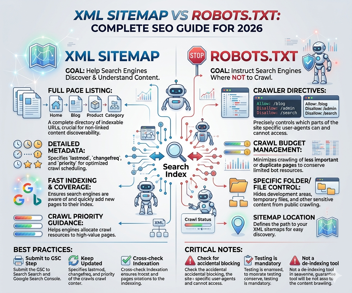 Infographic explaining XML Sitemap vs Robots.txt, highlighting key SEO differences, crawling, indexing, crawl budget management, and best practices for 2026.