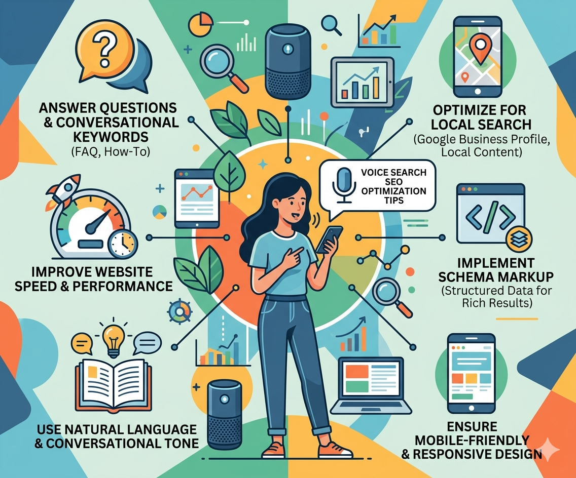 Illustration showing Voice Search SEO Optimization tips including conversational keywords, local SEO, schema markup, mobile-friendly design, and website speed improvements.