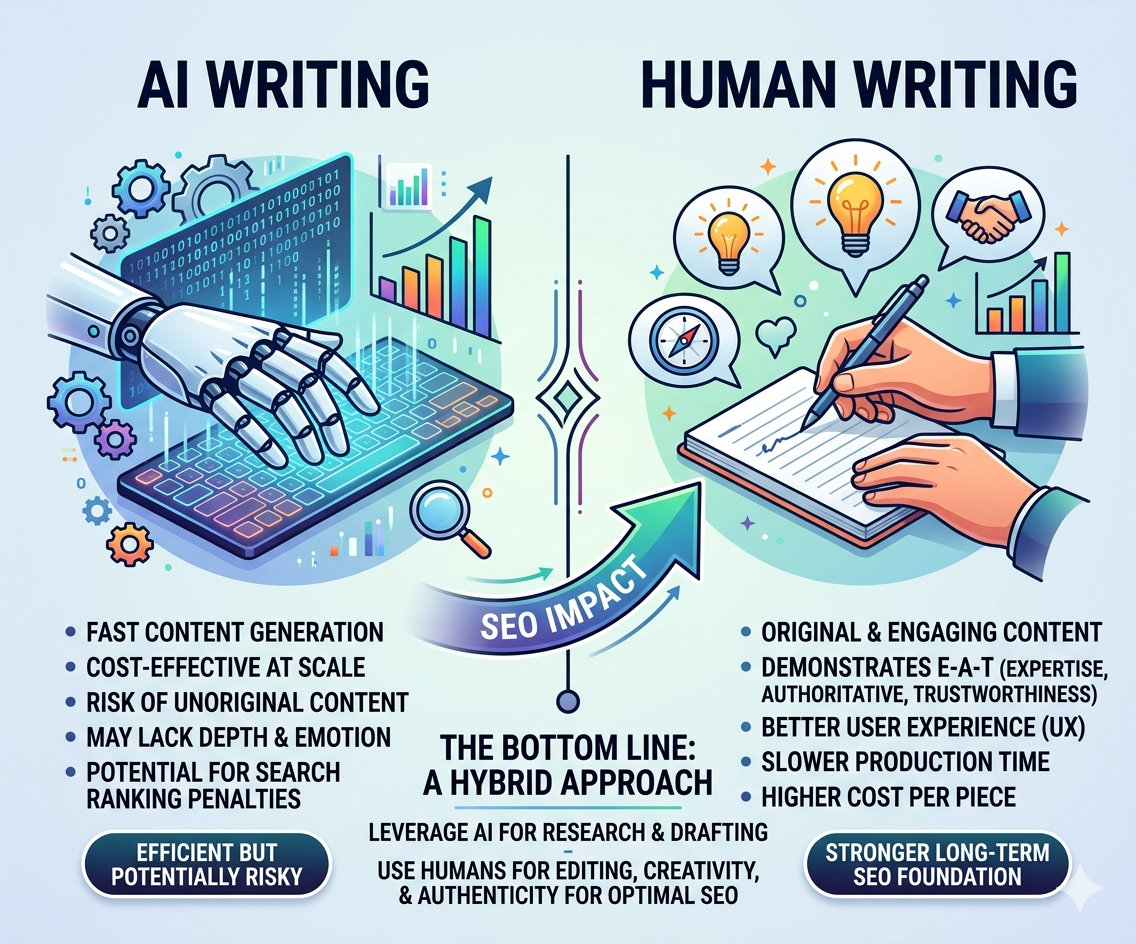 Illustration comparing AI vs Human Writing for SEO, highlighting content quality, search rankings, user engagement, scalability, creativity, and the benefits of a hybrid content strategy.