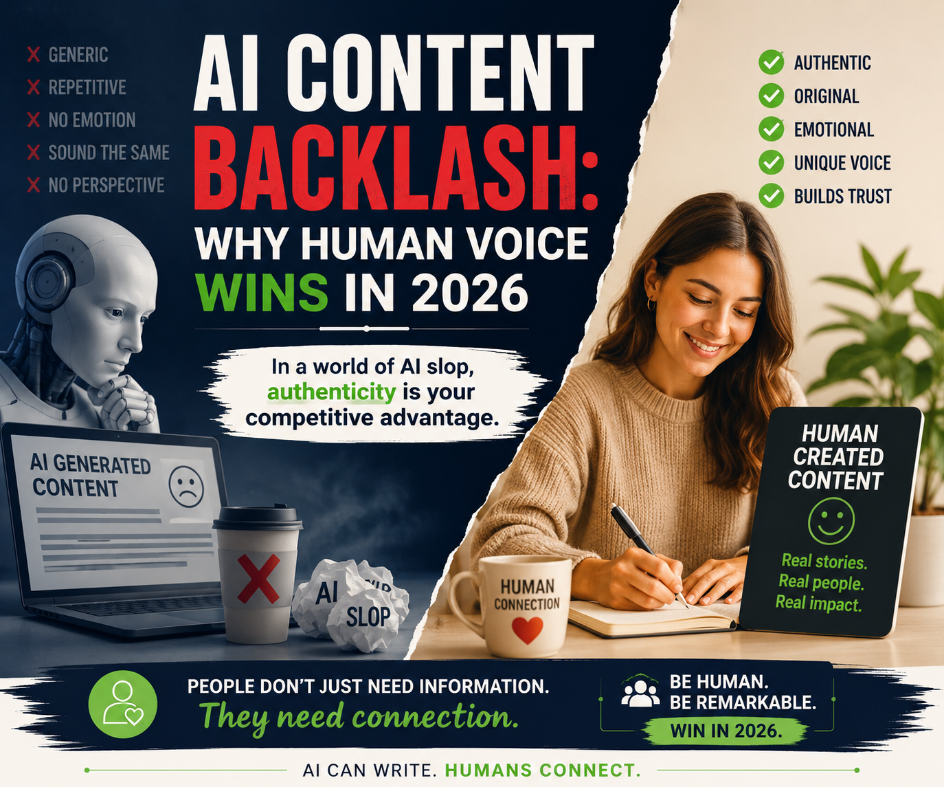 AI content backlash banner showing the difference between AI-generated content and authentic human-created content in digital marketing 2026.