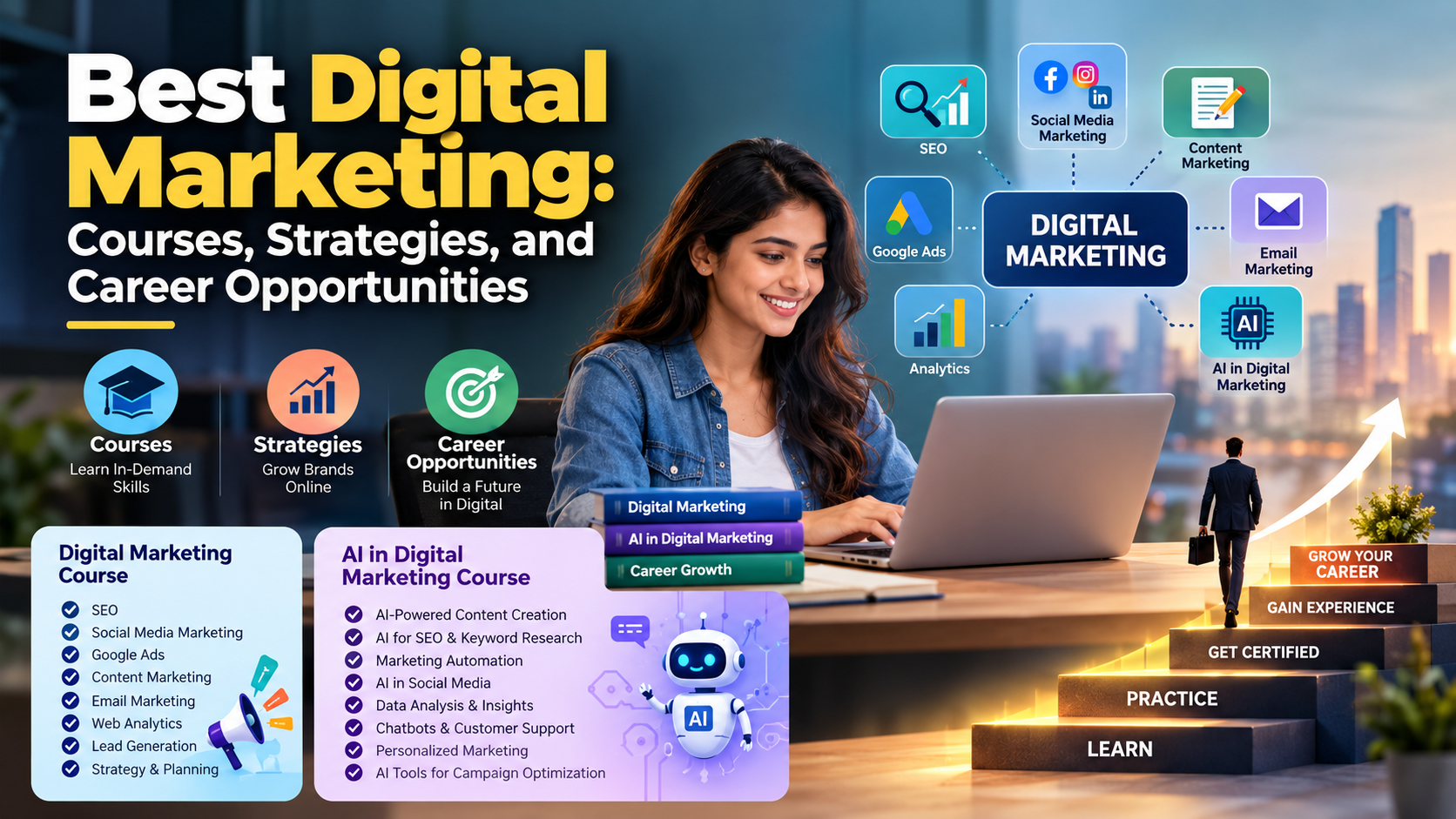 Best digital marketing courses featuring SEO, social media marketing, Google Ads, AI in digital marketing, and career growth opportunities.